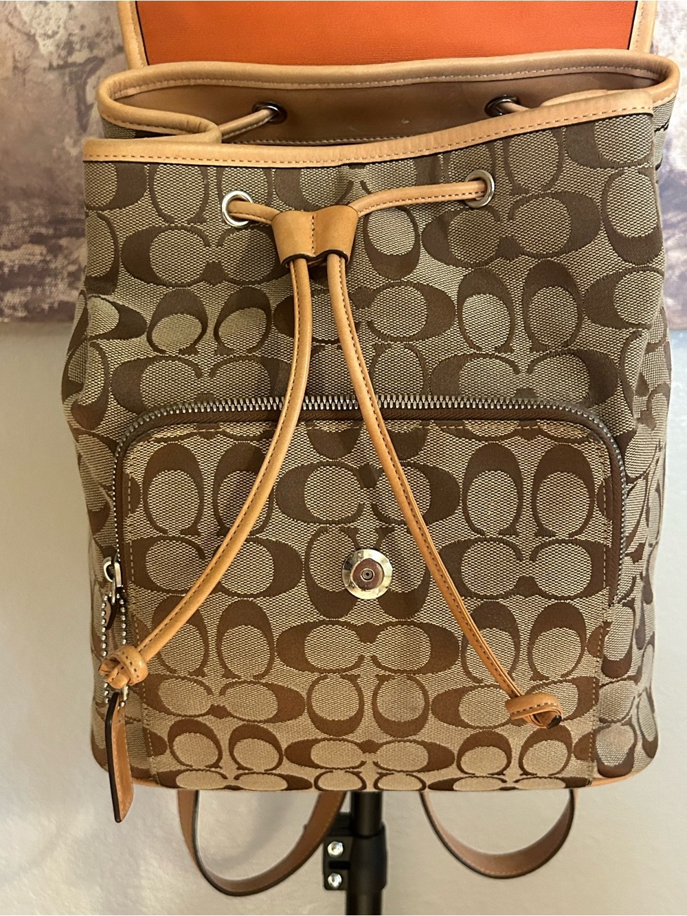COACH Signature Hamptons Drawstring Backpack Canvas & Leather 06080 EXCELLENT